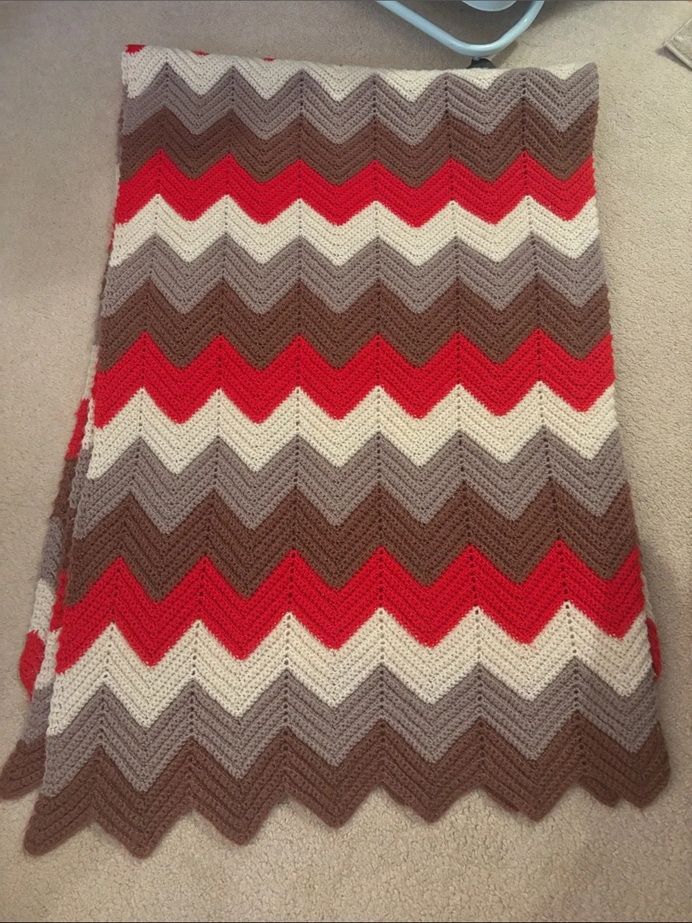 Crochet Chevron blanket in Red, Brown, Cream, handmade
